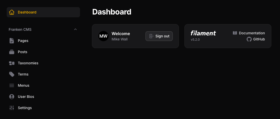 FrankenCMS admin dashboard showing the navigation menu with Posts, Pages, Taxonomies, Menus, and CMS Settings options