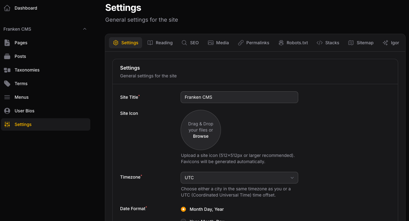 FrankenCMS Settings page showing the tabbed interface with General, Reading, SEO, Media, Robots, Permalinks, Sitemap, Stacks, and Igor tabs